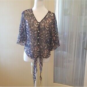 Angie Gray White Tie Front Blouse | Floral Boho Sheer Button Down Sz L